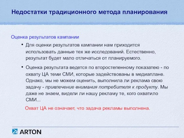 Недостатки традиционного метода планирования Оценка результатов кампании Для оценки результатов кампании нам