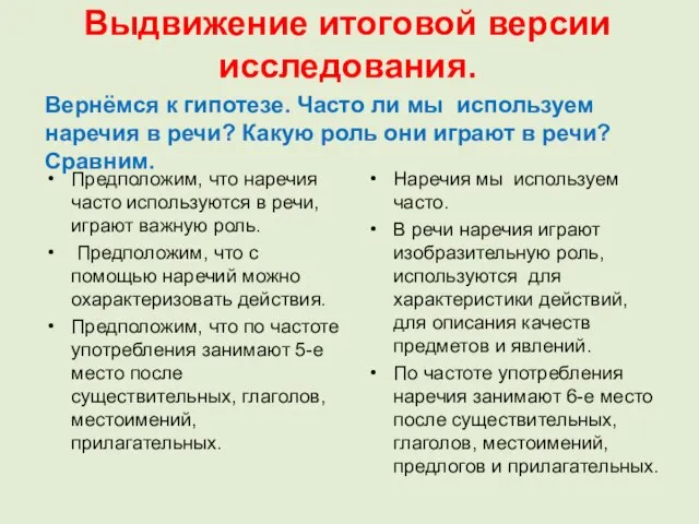 Выдвижение итоговой версии исследования. Предположим, что наречия часто используются в речи, играют