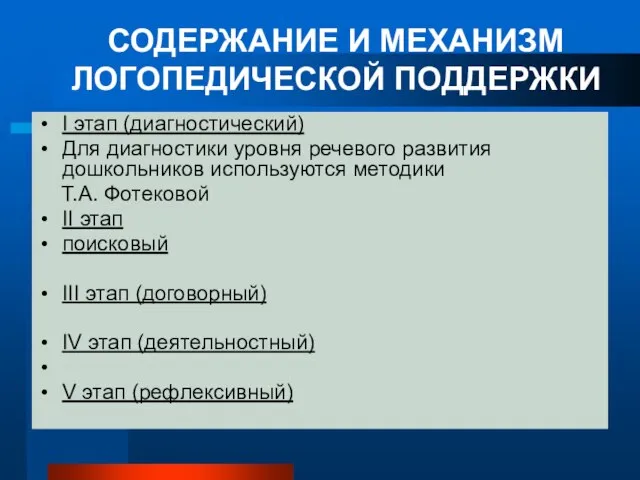 СОДЕРЖАНИЕ И МЕХАНИЗМ ЛОГОПЕДИЧЕСКОЙ ПОДДЕРЖКИ I этап (диагностический) Для диагностики уровня речевого