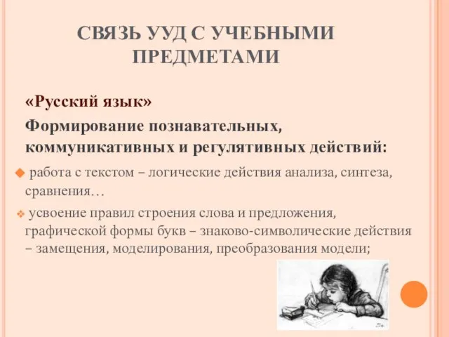 СВЯЗЬ УУД С УЧЕБНЫМИ ПРЕДМЕТАМИ «Русский язык» Формирование познавательных, коммуникативных и регулятивных