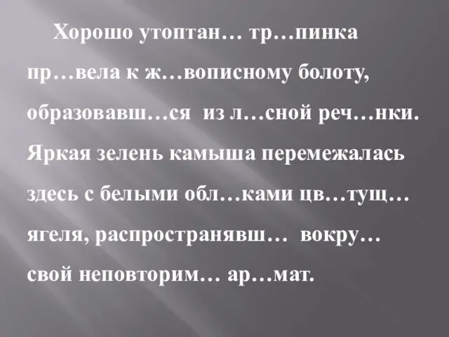 Хорошо утоптан… тр…пинка пр…вела к ж…вописному болоту, образовавш…ся из л…сной реч…нки. Яркая