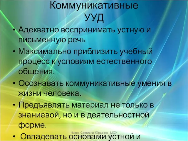 Коммуникативные УУД Адекватно воспринимать устную и письменную речь Максимально приблизить учебный процесс