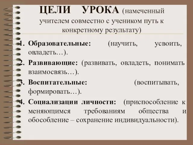 Образовательные: (научить, усвоить, овладеть…). Развивающие: (развивать, овладеть, понимать взаимосвязь…). Воспитательные: (воспитывать, формировать…).