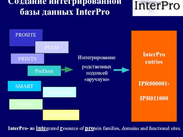 Создание интегрированной базы данных InterPro PROSITE PFAM PRINTS InterPro entries IPR000001- IPR011000