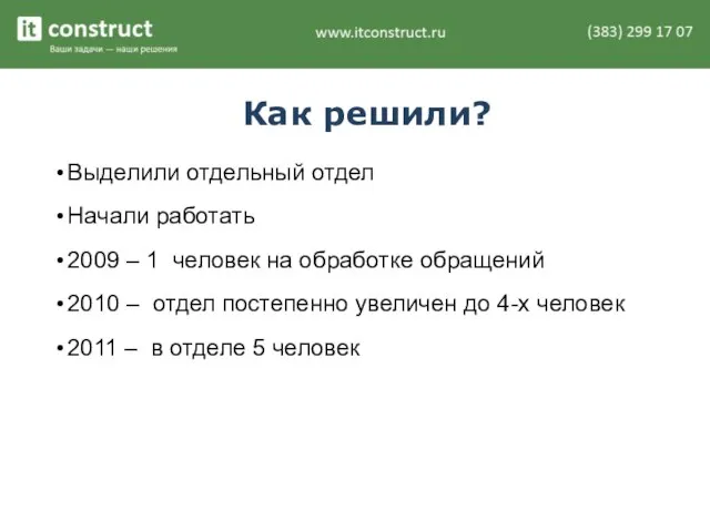 Как решили? Выделили отдельный отдел Начали работать 2009 – 1 человек на