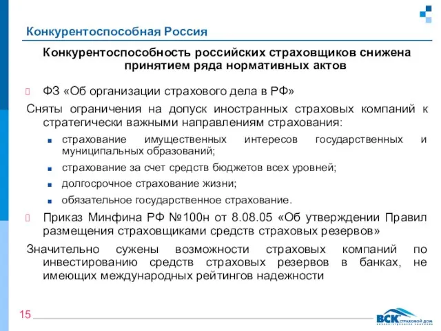 Конкурентоспособная Россия Конкурентоспособность российских страховщиков снижена принятием ряда нормативных актов ФЗ «Об