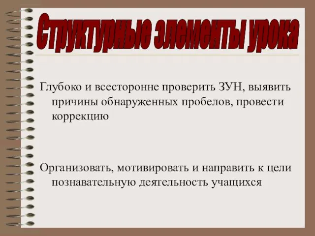 Структурные элементы урока Глубоко и всесторонне проверить ЗУН, выявить причины обнаруженных пробелов,