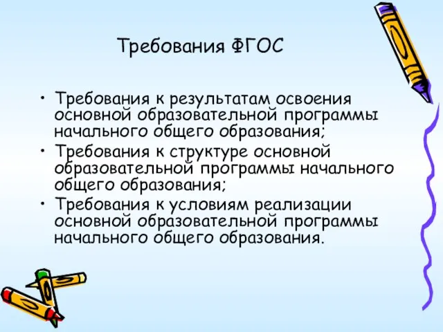 Требования ФГОС Требования к результатам освоения основной образовательной программы начального общего образования;