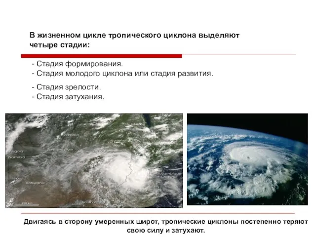 В жизненном цикле тропического циклона выделяют четыре стадии: - Стадия формирования. -