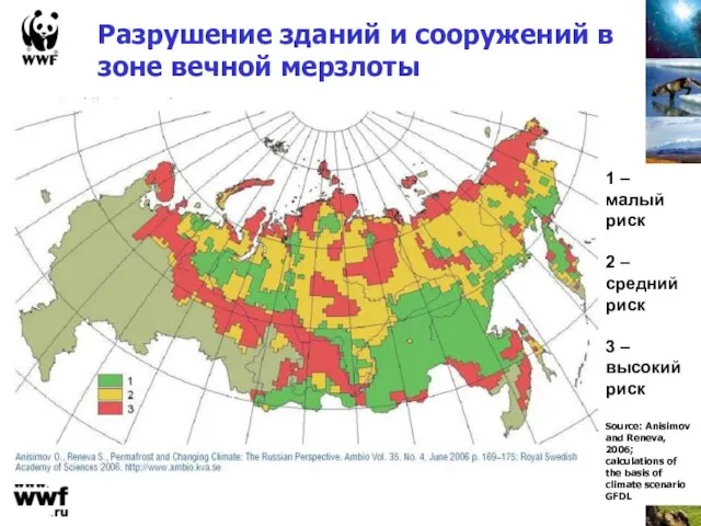 Разрушение зданий и сооружений в зоне вечной мерзлоты 1 – малый риск