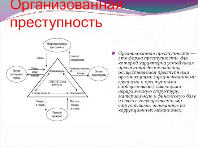 Организованная преступность Организованная преступность — это форма преступности, для которой характерна устойчивая