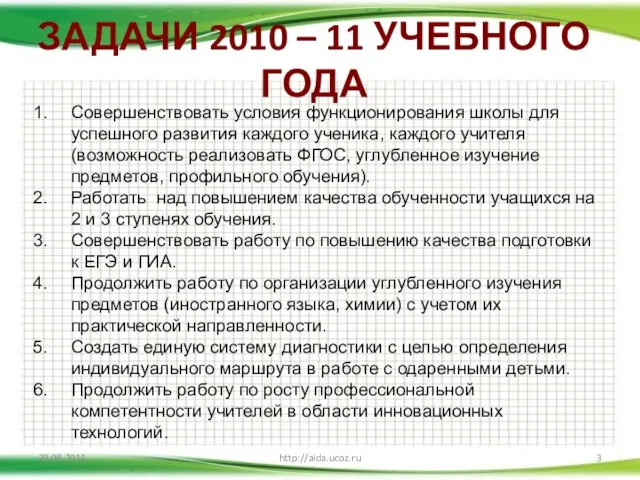 ЗАДАЧИ 2010 – 11 УЧЕБНОГО ГОДА 29.08.2011 http://aida.ucoz.ru Совершенствовать условия функционирования школы