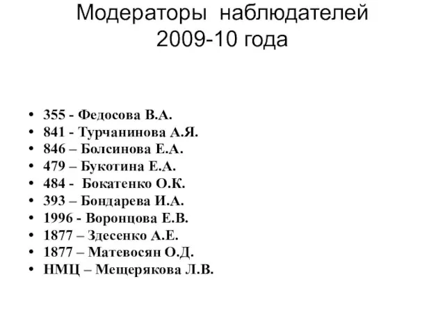 Модераторы наблюдателей 2009-10 года 355 - Федосова В.А. 841 - Турчанинова А.Я.