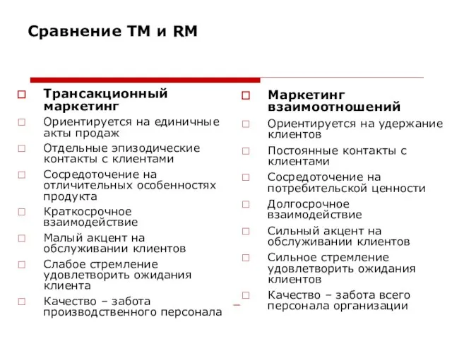 Сравнение ТМ и RM Трансакционный маркетинг Ориентируется на единичные акты продаж Отдельные