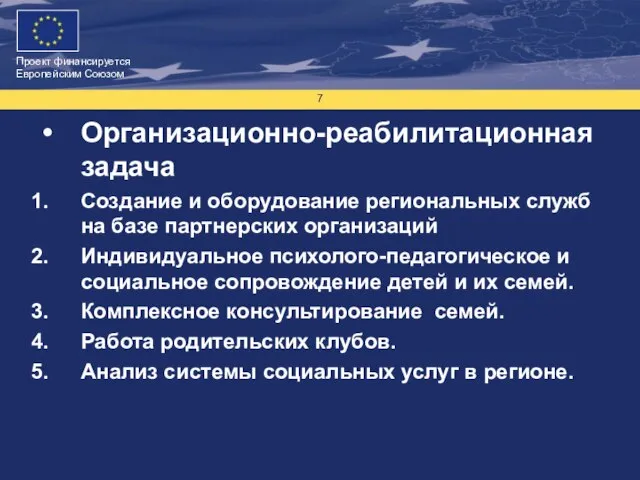 Организационно-реабилитационная задача Создание и оборудование региональных служб на базе партнерских организаций Индивидуальное