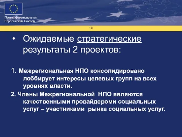 Ожидаемые стратегические результаты 2 проектов: 1. Межрегиональная НПО консолидировано лоббирует интересы целевых