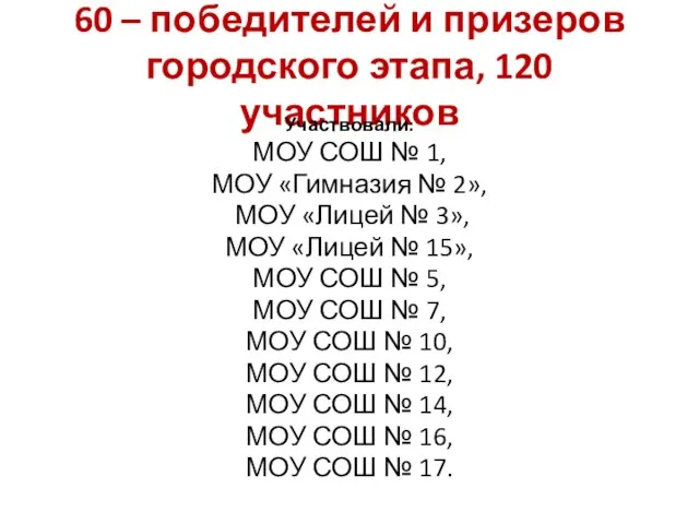 60 – победителей и призеров городского этапа, 120 участников Участвовали: МОУ СОШ