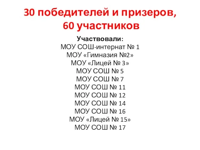 30 победителей и призеров, 60 участников Участвовали: МОУ СОШ-интернат № 1 МОУ