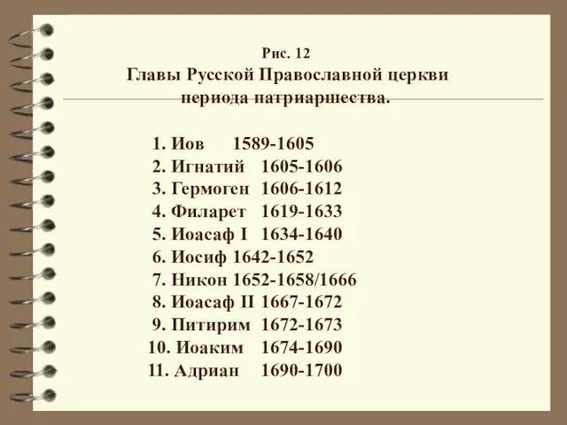 Рис. 12 Главы Русской Православной церкви периода патриаршества. 1. Иов 1589-1605 2.