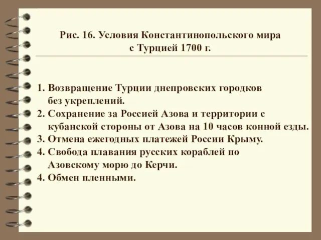 Рис. 16. Условия Константинопольского мира с Турцией 1700 г. 1. Возвращение Турции