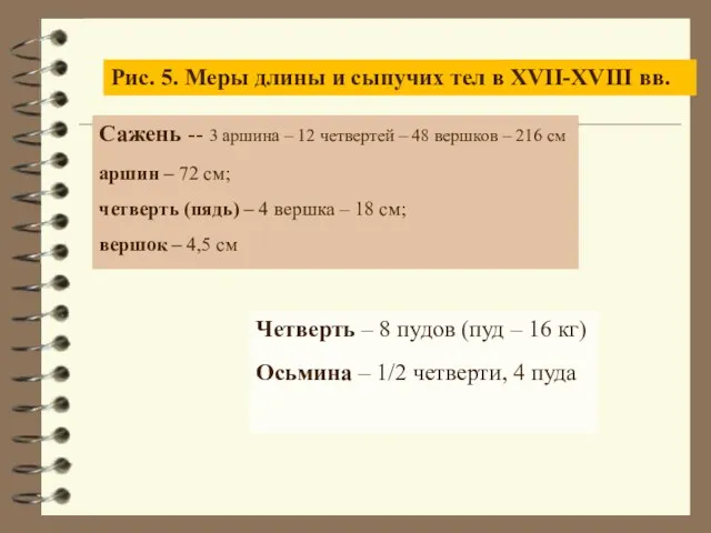 Рис. 5. Меры длины и сыпучих тел в XVII-XVIII вв. Сажень --