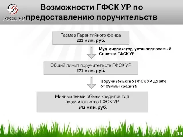 Возможности ГФСК УР по предоставлению поручительств Размер Гарантийного фонда 201 млн. руб.