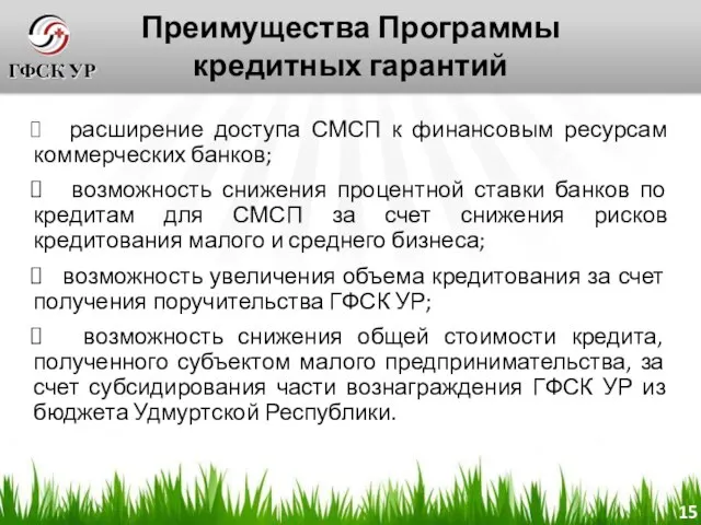 Преимущества Программы кредитных гарантий расширение доступа СМСП к финансовым ресурсам коммерческих банков;