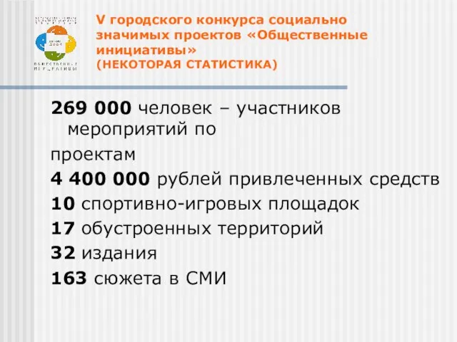 V городского конкурса социально значимых проектов «Общественные инициативы» (НЕКОТОРАЯ СТАТИСТИКА) 269 000