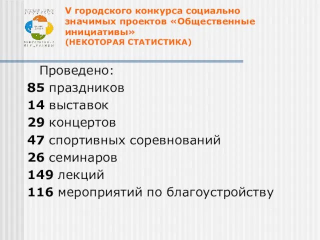 V городского конкурса социально значимых проектов «Общественные инициативы» (НЕКОТОРАЯ СТАТИСТИКА) Проведено: 85