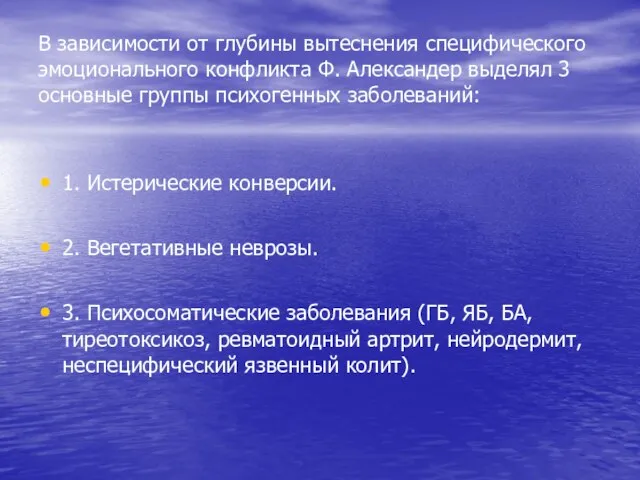 В зависимости от глубины вытеснения специфического эмоционального конфликта Ф. Александер выделял 3