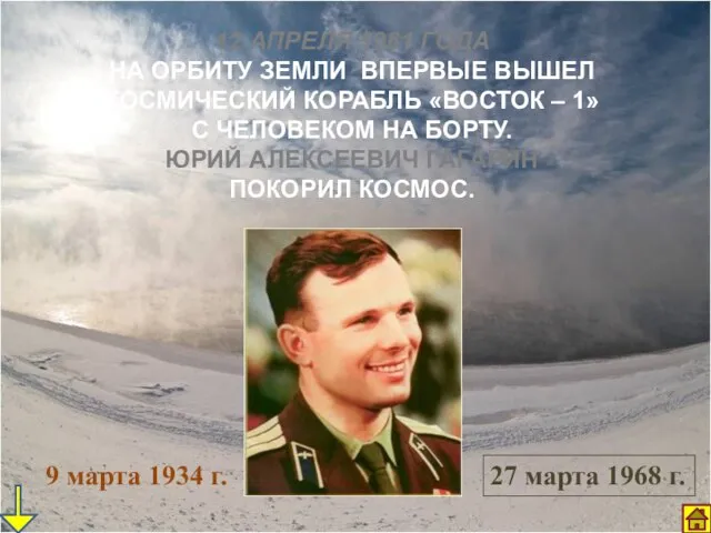 12 АПРЕЛЯ 1961 ГОДА НА ОРБИТУ ЗЕМЛИ ВПЕРВЫЕ ВЫШЕЛ КОСМИЧЕСКИЙ КОРАБЛЬ «ВОСТОК