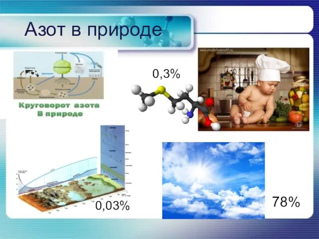 Азот в природе 0,3% 78% 0,03%