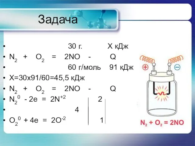 Задача 30 г. Х кДж N2 + O2 = 2NO - Q