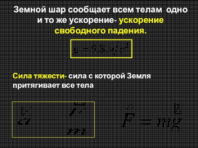 Земной шар сообщает всем телам одно и то же ускорение- ускорение свободного