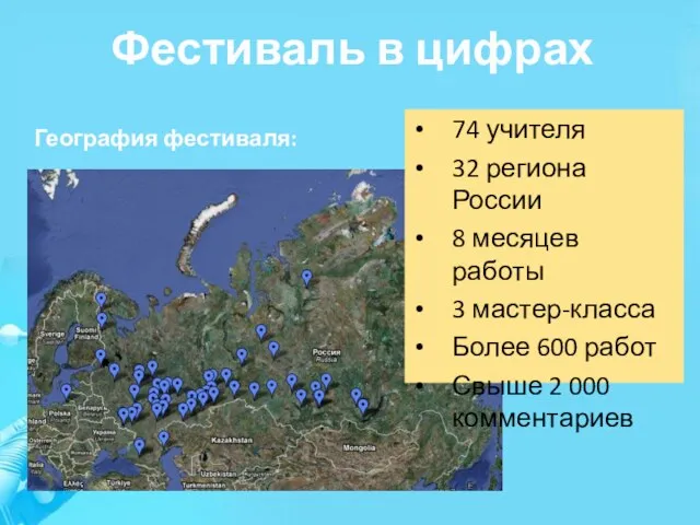 Фестиваль в цифрах 74 учителя 32 региона России 8 месяцев работы 3