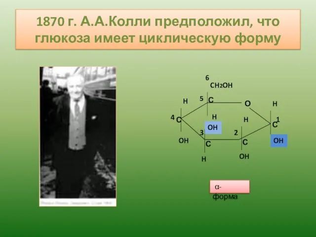 1870 г. А.А.Колли предположил, что глюкоза имеет циклическую форму О CH2OH OH