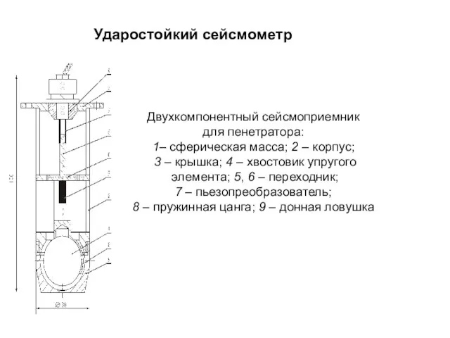 Ударостойкий сейсмометр Двухкомпонентный сейсмоприемник для пенетратора: 1– сферическая масса; 2 – корпус;