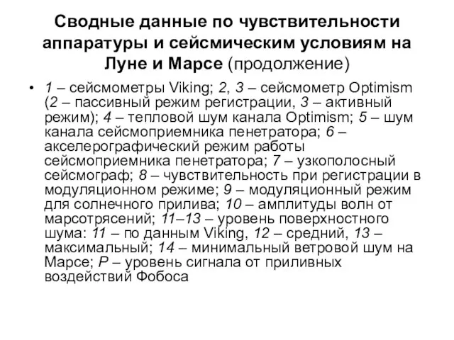 Сводные данные по чувствительности аппаратуры и сейсмическим условиям на Луне и Марсе