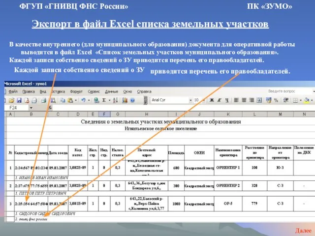 Экспорт в файл Excel списка земельных участков ФГУП «ГНИВЦ ФНС России» ПК