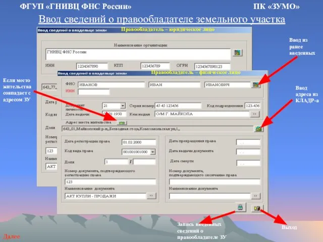 Ввод сведений о правообладателе земельного участка ФГУП «ГНИВЦ ФНС России» ПК «ЗУМО»