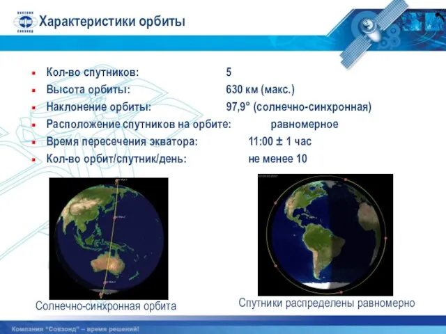 Характеристики орбиты Солнечно-синхронная орбита Спутники распределены равномерно Кол-во спутников: 5 Высота орбиты: