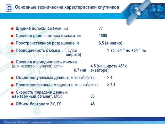 Основные технические характеристики спутников Ширина полосы съемки, км 77 Средняя длина полосы