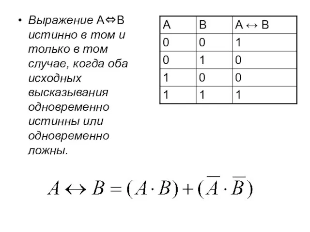 Выражение A⇔B истинно в том и только в том случае, когда оба