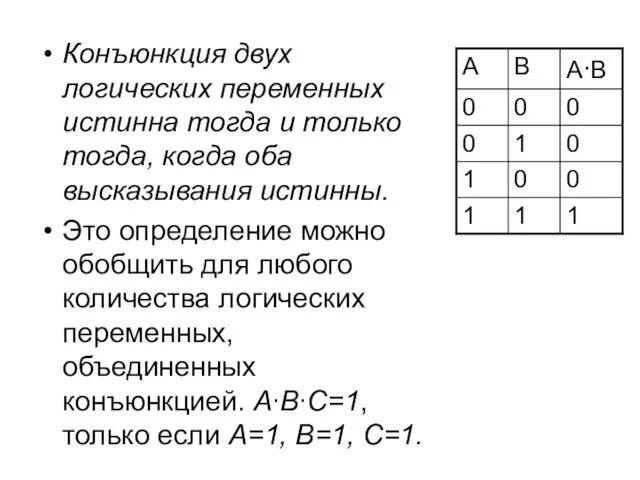 Конъюнкция двух логических переменных истинна тогда и только тогда, когда оба высказывания