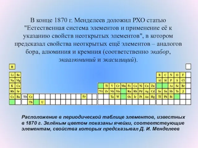 В конце 1870 г. Менделеев доложил РХО статью "Естественная система элементов и