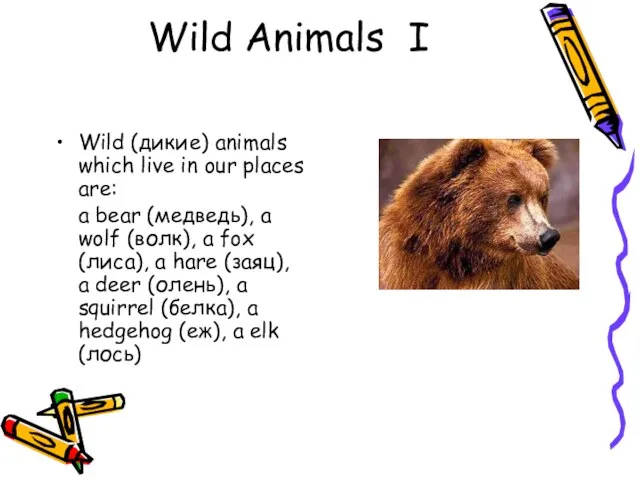 Wild Animals I Wild (дикие) animals which live in our places are: