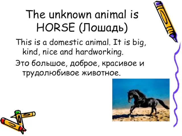 The unknown animal is HORSE (Лошадь) This is a domestic animal. It
