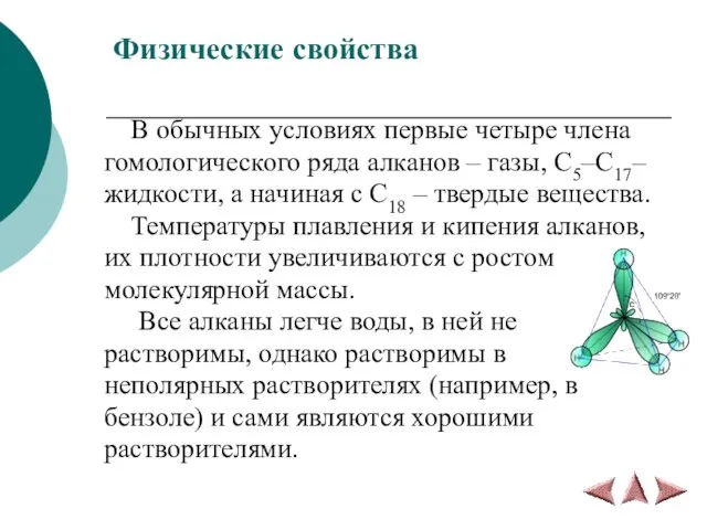 Физические свойства В обычных условиях первые четыре члена гомологического ряда алканов –