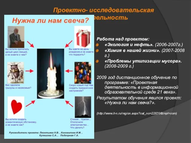 Проектно- исследовательская деятельность Работа над проектом: «Экология и нефть». (2006-2007г.) «Химия в