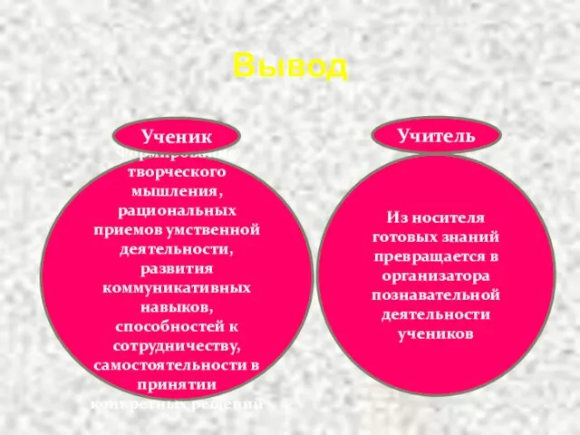 Вывод Формирование творческого мышления, рациональных приемов умственной деятельности, развития коммуникативных навыков, способностей